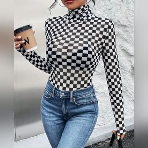 NWT Black And White Mesh checkered bodysuit